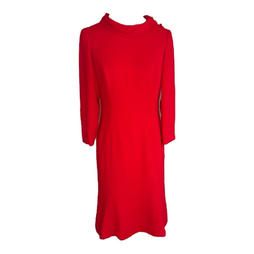 CAROLINA HERRERA Red Silk Midi Dress Sz 4 3/4 Sleeves Buttons Neck Party Holiday